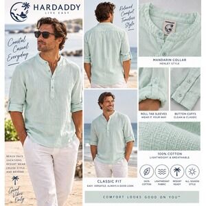 Linen Shirt Men's XXL Mint Green Henley Hardaddy Cotton Roll Tab Beach Boho